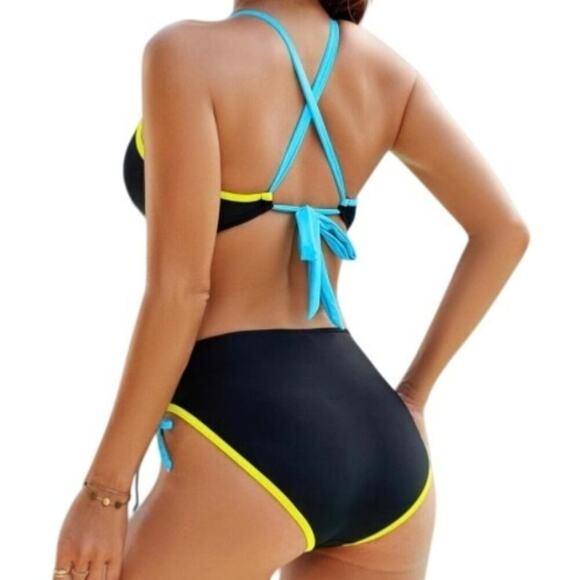 Blooming Jelly Womens Bikini L Black Neon Colorblock Crisscross 2 Piece Swimsuit - Picture 2 of 5